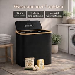 Vellano Wasmand 3 Vakken – Wassorteerder met Deksel – 160L – 3 Uitneembare Waszakken – Bamboe Frame – Incl. Drogerballen & Jasmijn Geurverfrisser — thumbnail 4