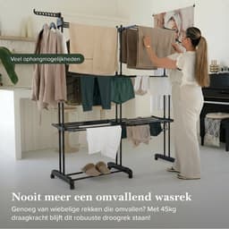 Jubbly® – Uitschuifbare Droogtoren – Inklapbaar Wasrek – Uitgerust met Wieltjes – 4 Verdiepingen – 40 meter Drooglengte – 45 kilo Draaggewicht – Wastoren Staand – Droogrek op Wielen - Zwart — thumbnail 5