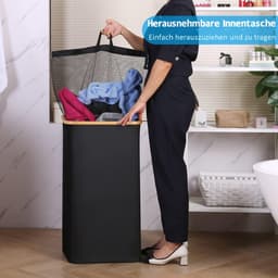 Wasmand Wasmand Met Deksel – 100L Grote Opslagcapaciteit – Opvouwbare Waszak Van Oxford Stof – Bamboe Wasbox Met Handgreep – Met Uitneembare & Wasbare Binnenzak – Grijs/Zwart – Voor Slaapkamer, Badkamer & Wasruimte — thumbnail 4