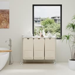 Wasmand met 3 uittrekbare oxfordzakken, legplank, metalen frame en wieltjes, wit 84x30x76,5cm, verrijdbaar voor badkamer en slaapkamer — thumbnail 4