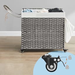 SONGMICS - Wasmand - Wassorteerder - Met Deksel - 3 Vakken - Uitneembare Waszak - Wielen - 150L+10L — thumbnail 3