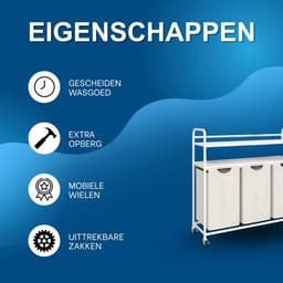 Wasmand – Voor Badkamer & Wasruimte – 3 Compartimenten (3×46L) met 2 Planken, Uitschuifbare Waszak – Ivoor — thumbnail 5