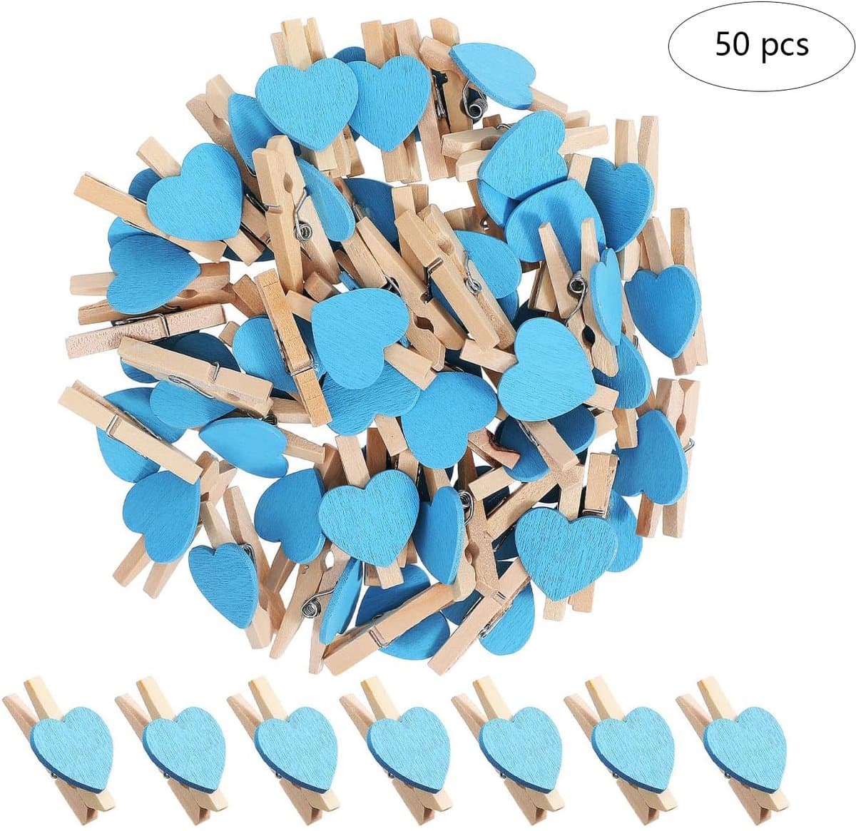 50-stuks Clips - Houten clips - Mini clips - Fotoclips - Hartvormige mini wasknijpers - Mini houten hartvormige wasknijpers - Geschikt voor foto's, paperclips, zelfgemaakte Valentijnskaarten, tekeningen, scrapbooks, enz. - Blauw — afbeelding 1