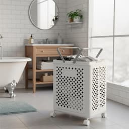 Vouwbare Wasmand met Wielen en Handvat - Stevige, Ventilerende en Sneldrogende Opbergmand voor Badkamer en Slaapkamer — thumbnail 3