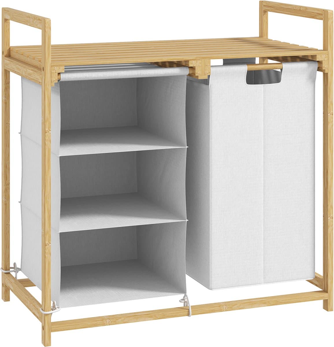 Wasmand Met 4 Vakken, Wassorteerder Met 2 Uitneembare En Afneembare Waszakken En Opbergplank, 83L Wasmand Met Handgrepen, Wassorteersysteem 70 x 36 x 70 cm, Wit, Praktische Wasmand Voor Slaapkamer, Badkamer Of Wasruimte, Ruim En Georganiseerd — afbeelding 1