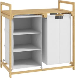 Wasmand Met 4 Vakken, Wassorteerder Met 2 Uitneembare En Afneembare Waszakken En Opbergplank, 83L Wasmand Met Handgrepen, Wassorteersysteem 70 x 36 x 70 cm, Wit, Praktische Wasmand Voor Slaapkamer, Badkamer Of Wasruimte, Ruim En Georganiseerd — thumbnail 1