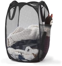 Wasmand - 1 stuk - Opvouwbare wasmand – Pop-up wasmand - Inklapbare pop-up wasmand van gaas - Voorzien van stevige handgrepen en zijvak - Draagbare, opvouwbare mand voor studentenkamers, badkamers en op reis - Zwart — thumbnail 1