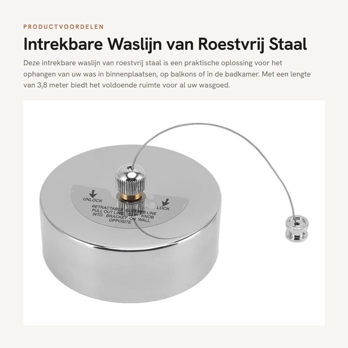 Dailygoods- Waslijn Zware Kwaliteit - Intrekbaar - Roestvrij Staal - Veiligheidsmechanisme - Voor Binnen/Buiten - 3,8 m Lengte - Kledingdrooglijn — afbeelding 1