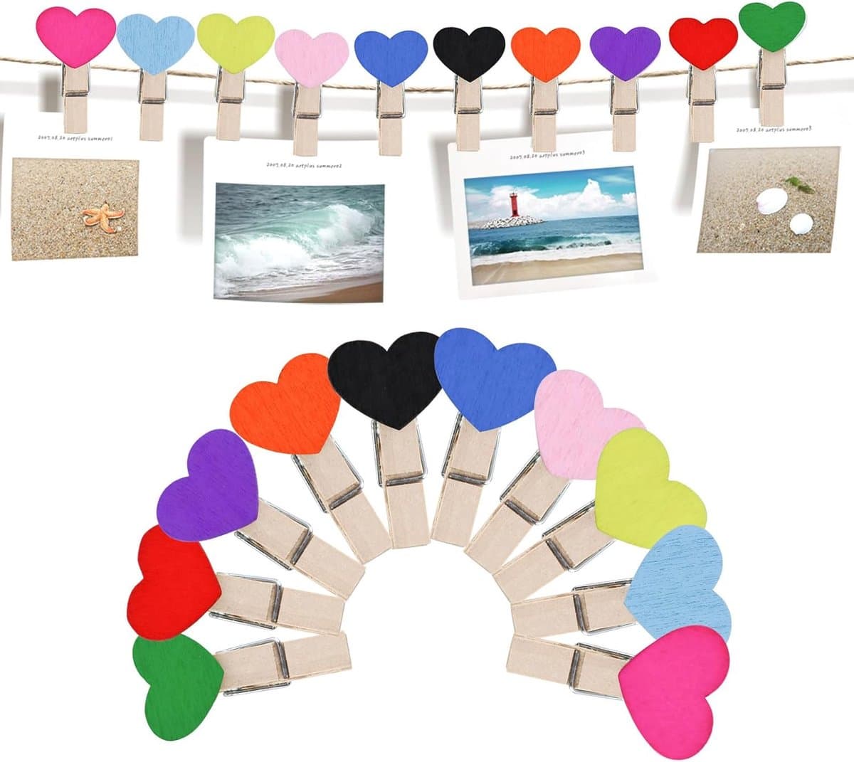 Mini Houten Knijpers - Hartvormige Clips - Foto's Ophangen - Natuurlijk Hout - 35 cm - Wit — afbeelding 1