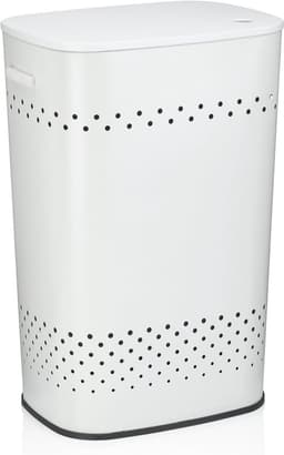 Wasmand met Deksel - Wasbox Kruk - Kleding Opbergen - Goede Luchtcirculatie - 395 x 295 x 575 cm - Wit — thumbnail 1