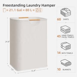 Grote wasmand - 80 liter (21,1 gallon) Opvouwbare wasmand met bamboe handgrepen - vrijstaande waterdichte wasmand voor wasruimte slaapkamer studentenkamer handdoeken speelgoed beige — thumbnail 2