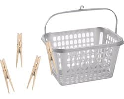 Wasknijper mandje/bakje - zilver - inclusief 48x wasknijpers - hout — afbeelding 1