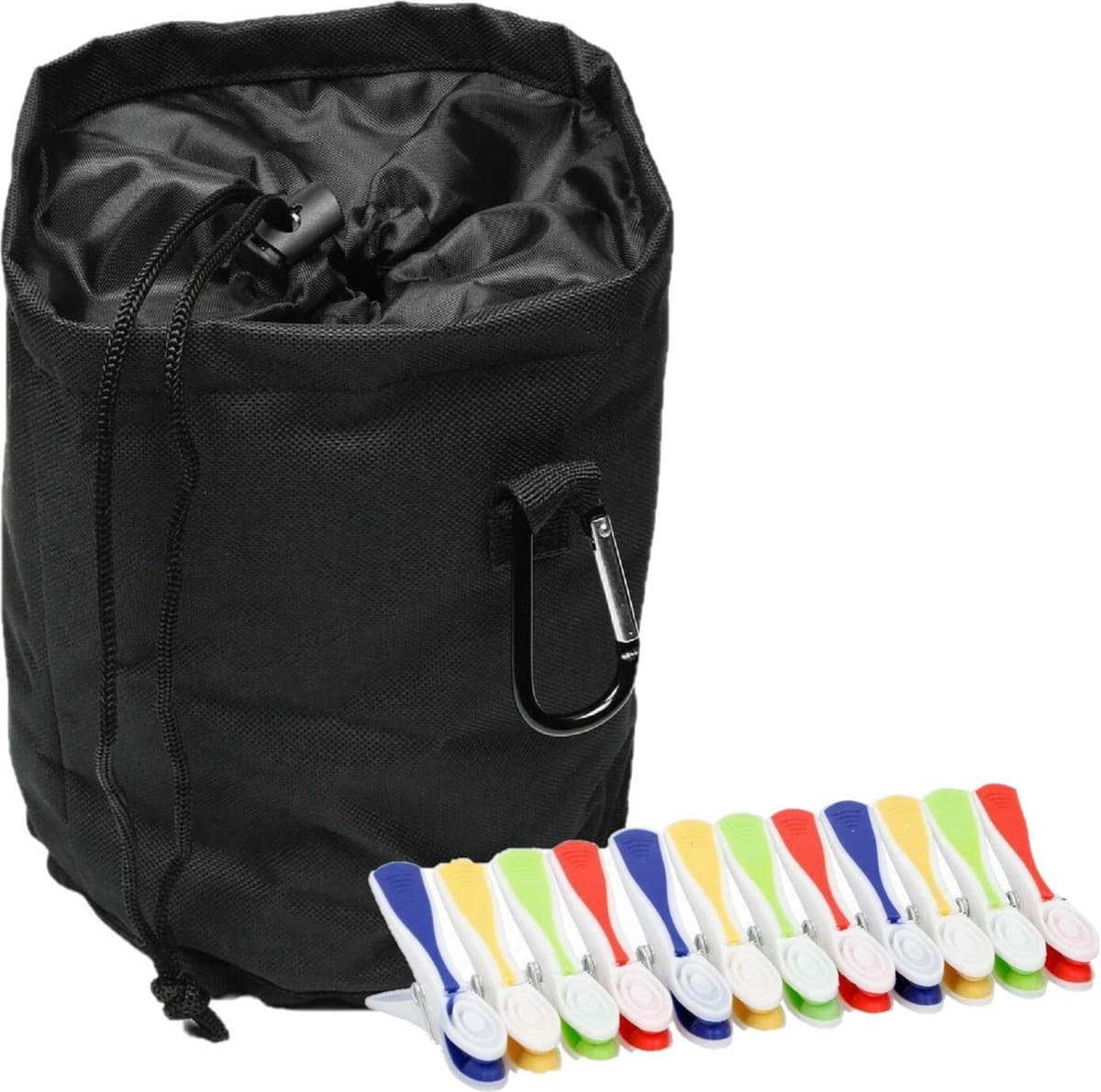 Wasknijpers mandje/zakje - met koord en karabijnhaak - D16 x H 18 cm - inclusief 48 wasknijpers — afbeelding 1