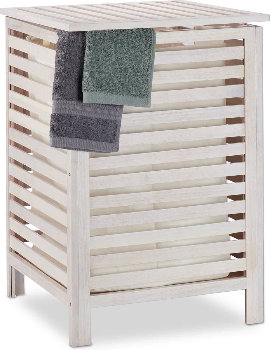 wasmand walnotenhout - met deksel - 52 l - uitneembare waszak - badkamer - wit — afbeelding 1