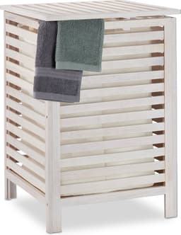 wasmand walnotenhout - met deksel - 52 l - uitneembare waszak - badkamer - wit — thumbnail 1