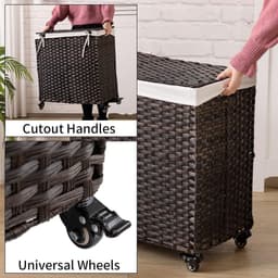 Wasmand van Rotan met Deksel - Grote Capaciteit van 100L, Verwijderbare Voeringzakken, Opvouwbaar, Met Wielen, Stevig Stalen Frame, Waterdicht & Ademend, Ideaal voor Badkamer, Slaapkamer of Wasruimte 60cm x 33cm x 58cm — thumbnail 4