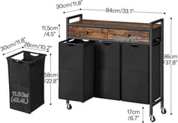 Wasmand met 3 Compartimenten - Laundry Hamper - Waswagen met Lades - Verrijdbaar - Met Opbergrek — thumbnail 2