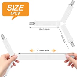Bevestigingsbanden voor hoeslakens, 4-delige witte set, verstelbare elastische banden met metalen clips, geschikt voor lakens, matrashoezen en bankkussens. — thumbnail 4