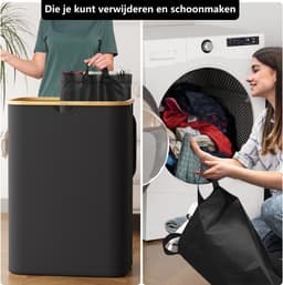 SpaceAid Dubbele Wasmand - 2 Vakken - Met Deksel & Afneembare Tassen - 160L - Opvouwbaar - Bamboe Handvatten - Zwart — thumbnail 5