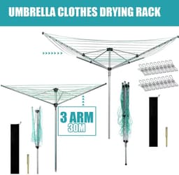 ELYSIVM Wasrek - Droogrek - Droogmolen - Wasrek Paraplu - Waslijn buiten - Roterend - 30m - Incl. beschermhoes en 20 clips - 176x153 cm - Zilver, Ijzer - tot ca. 15 kg — thumbnail 5