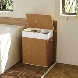 Delightness Wasmand - Wasmand 2 Vakken - Wasmand Met Deksel - Wasmanden - Uitneembare Waszak - 100L - 2x 50L - Bamboo - Bruin — thumbnail 2