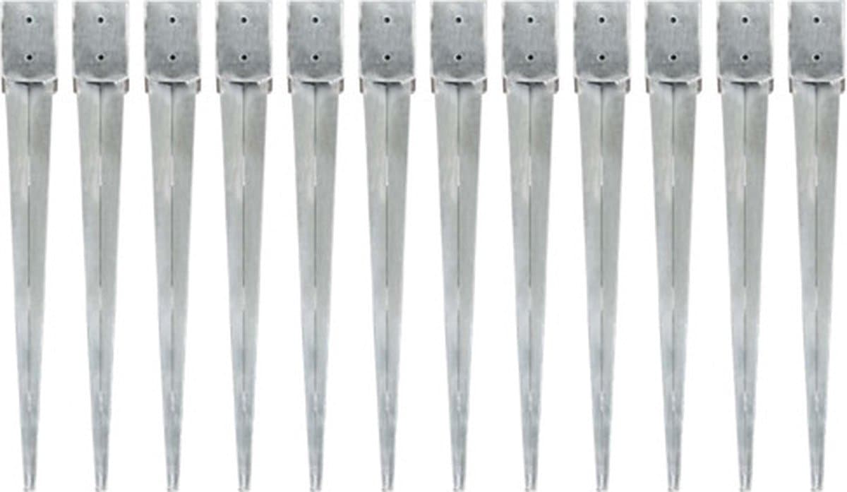 vidaXL - Grondpinnen - 12 - st - 10x10x91 - cm - gegalvaniseerd - staal - zilverkleurig — afbeelding 1
