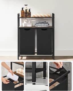 Wasmand - Wasverzamelaar met 2 compartimenten - 2 planken - Uitschuifbare en verwijderbare waszakken 2x46L - Voor badkamer en wasruimte - Vintage bruin-zwart — thumbnail 4
