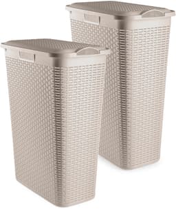 Plasticforte Smalle Wasmand met deksel Rotan - 2x - beige - gevlochten kunststof - 48 liter - 27 x 46 x 60 cm — thumbnail 1