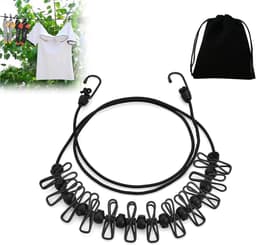 Portable Clothesline - Elastic Adjustable Clothesline - Extendable 180-360 cm - Clothesline met 12 Wire Clips voor Reizen - Vakantie - Buitenshuis - Kamperen - Studentenhuis — thumbnail 1