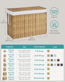 SONGMICS Wasmand 200 L, Kunststof Rattan Opbergmand met Deksel en Handgrepen, Wicker-look, Opvouwbaar, Uitneembare Voering, voor Dekens of Kleding in Woonkamer of Wasruimte – Naturel – Model LCB320Y01 — thumbnail 2