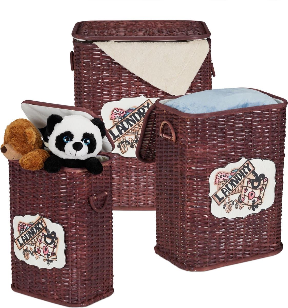 relaxdays wasmand - set van 3 - opbergmand met deksel - rieten mand - gevlochten C — afbeelding 1
