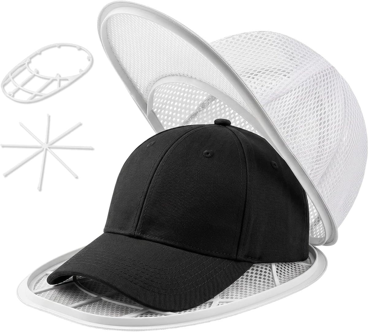 Opvouwbare wasmand voor baseballpetten met netzak, reinigingshouder voor petten voor de wasmachine of vaatwasser, wit — afbeelding 1