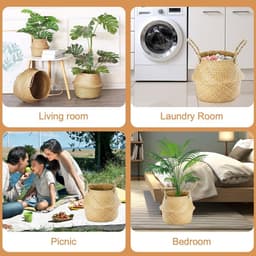 2 stuks zeegras opbergmanden geweven opbergmand met handvat, zeegras plantenpot mand rieten plantenbak opvouwbare speelgoed wasbuik mand, ronde opbergmand voor planken(L 32×28cm) — thumbnail 4