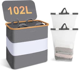 Arvioo-Wasmand-102L-2 vakken-met deksel-bamboe rand-grijs — thumbnail 1