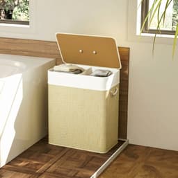 MIVRAY Wasmand Met Deksel – 100 Liter En Twee Vakken – 52 x 32 x 63 cm – Bamboe – Wit – Was Sorteren En Opbergen — thumbnail 4