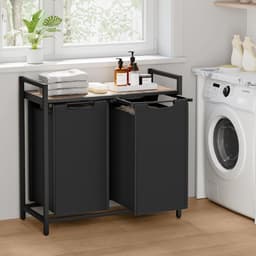 Dubbele industriële Wasmand – 2-delig Was Sorteerder met uitneembare Zakken en Plank – Metalen Frame – Camelbruin/Zwart — thumbnail 5