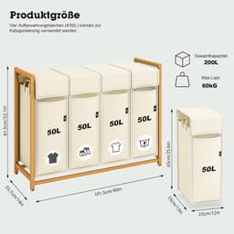 Wasmand 4 Vakken - Was Sorteren - Wasmand Op Wielen - Was Organizer - Wasverzamelaar - Wasgoed Scheiden - Opvouwbaar - Waskamer Accessoire — thumbnail 5
