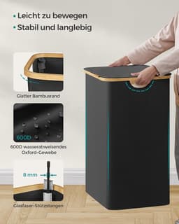 SONGMICS Wasmand met deksel - wasmand met 2 compartimenten - 130 liter - uitneembare waszak - Oxford-stof - bamboe handgrepen - opvouwbaar - 52 x 38,5 x 70,5 cm - inktzwart — thumbnail 4