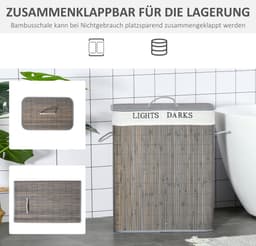 Clruro Waskorf - 100L - 2 Vakken met Deksel - Verwijderbare Waszak - Vouwbaar - Bambus - Grijs — thumbnail 4
