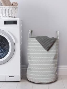 ABAKUHAUS grijze chevron-waszak, geometrisch streeppatroon, wasmand met handgrepen, trekkoordsluiting, voor wasserettes, 33 cm breed × 49 cm hoog, lichtgrijs en parelgrijs — thumbnail 3