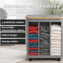 AKSA Home® Wasmand met Wieltjes - Wassorteerder met 3 vakken - Wasmand Opvouwbaar met Deksel - 160L - Grijs — thumbnail 2