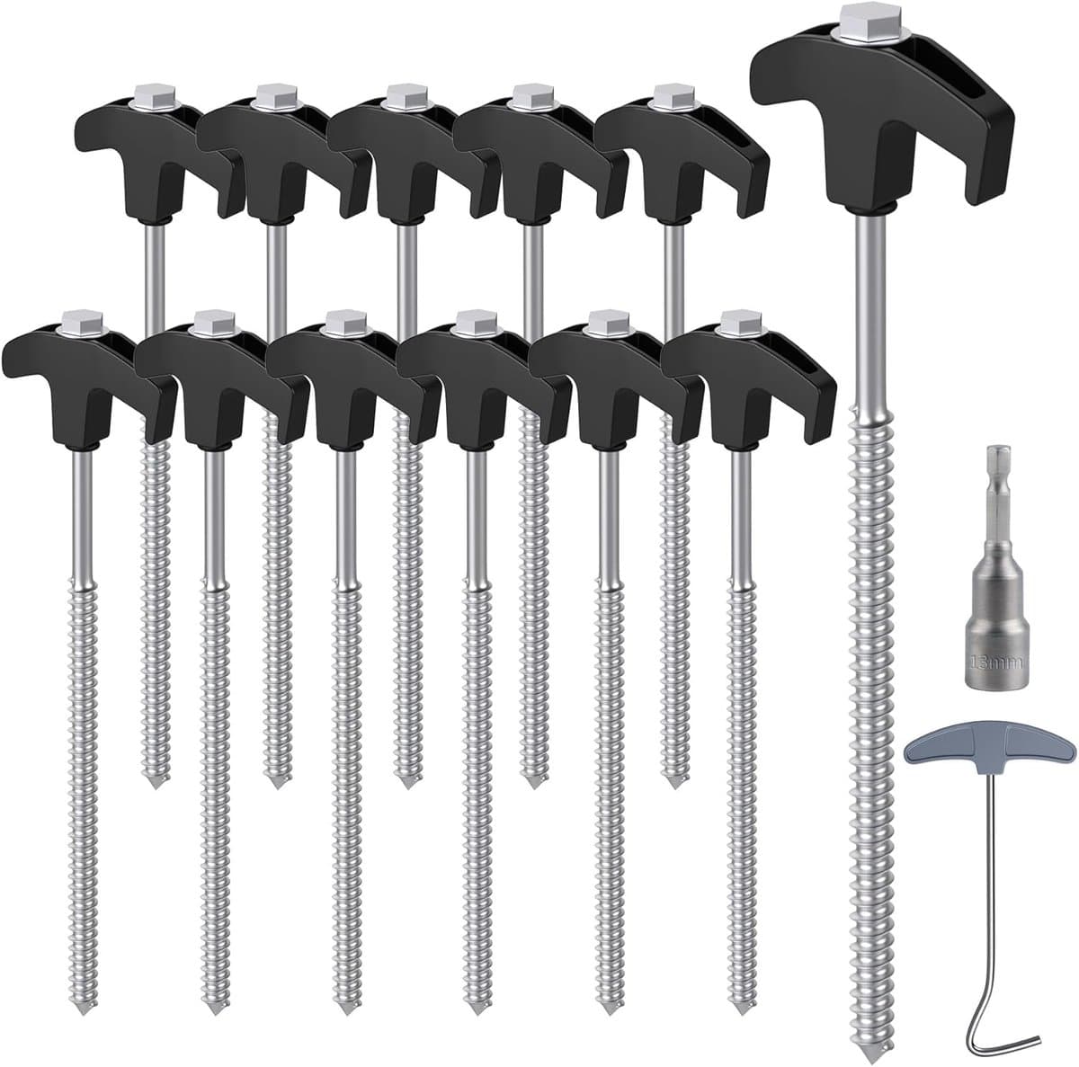 Grondankers - Speed 12PCS staaltentpalen met boor ＆ spijker trekker, 20 cm campingvastzettingen, Tenthaakken voor harde oppervlakte, gras - Zwart + Zilver — afbeelding 1
