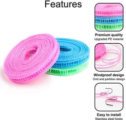 Draagbare Winddichte Nylon Waslijn - 3 Stuks 8m met Antislip Pins voor Binnen en Buiten — thumbnail 2