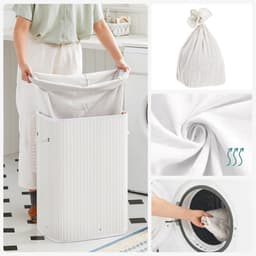Wasmand - Bamboe Wasmand - Kledingmand - Wasopberger - Inklapbare Wasmand - Rieten Wasmand - Wit - 40 x 30 x 60 cm — thumbnail 5