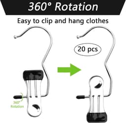 Set van 20 stuks antislip roestvrijstalen wasknijpers, 360° draaibare kledinghangerklemmen, washaken voor broeken, schoenen, handdoeken, sokken (zwart) — thumbnail 3