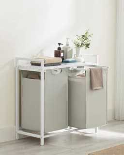 VASAGLE - Wasmand 92 liter - 2 compartimenten - met plank - oxford stof - 2 x 46 liter - 73 x 33 x 72 cm - wit — thumbnail 3