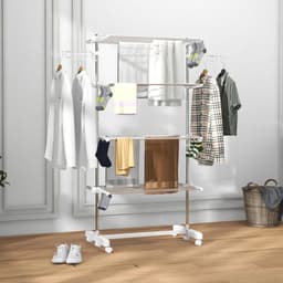 Pugsdrly Mobiele droogrek met wieltjes, 4 niveaus, opvouwbaar, roestvrij staal, wit+zilver, 142 x 55 x 172 cm — thumbnail 2