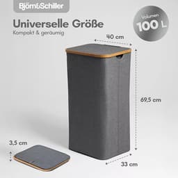 Wasmand met Deksel en 2 Vakken - 100L Grijs - Smal & Hoog - Wasverzamelaar met Bamboeframe — thumbnail 3