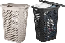 Wasmand Ventilation - met deksel - 2x stuks - zwart en beige - 50 liter - 61 x 43 cm — thumbnail 1