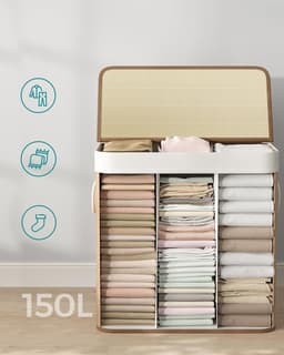 Wasmand, 150L, wasbox met deksel, wassorteermachine, van bamboe, met handvatten, 3 compartimenten, opvouwbaar, katoen, waszak machinewasbaar, wasruimte, Natuurlijke kleur bamboe, LCB091N01 — thumbnail 5